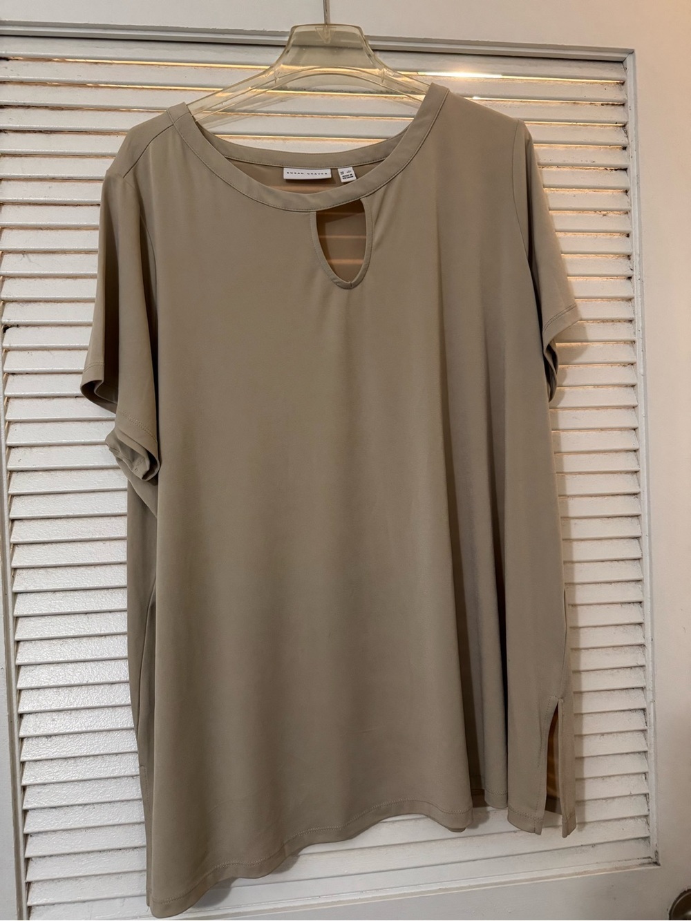 Susan Graver Taupe Short-Sleeve Keyhole Blouse